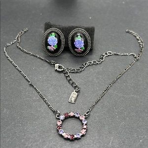 Vintage 1928 rhinestone necklace, flower earrings